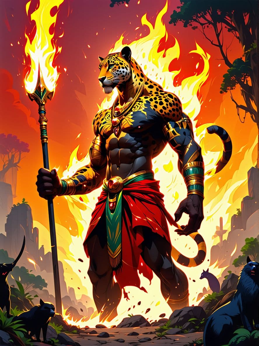 AI generated: A giant African God who is half human and half leopard (drives away all the evil demons that were in...