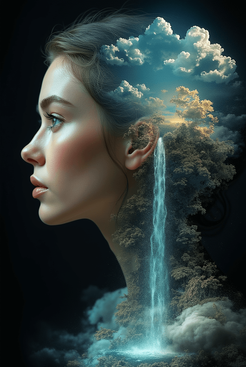 AI generated: elegant gentle beautiful woman ,build with_multiple mandelbrot_merge with ferromagnetics ,double