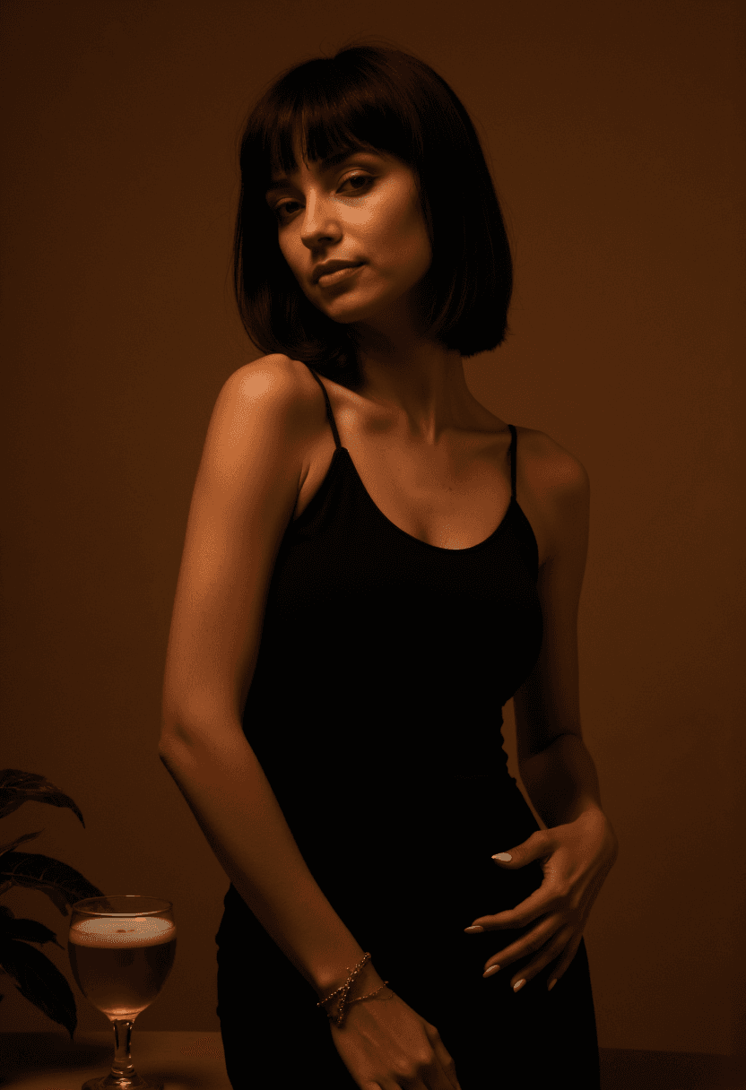 AI generated: A woman stands as a figure of quiet confidence and elegance, enveloped in a warm, intimate glow that...