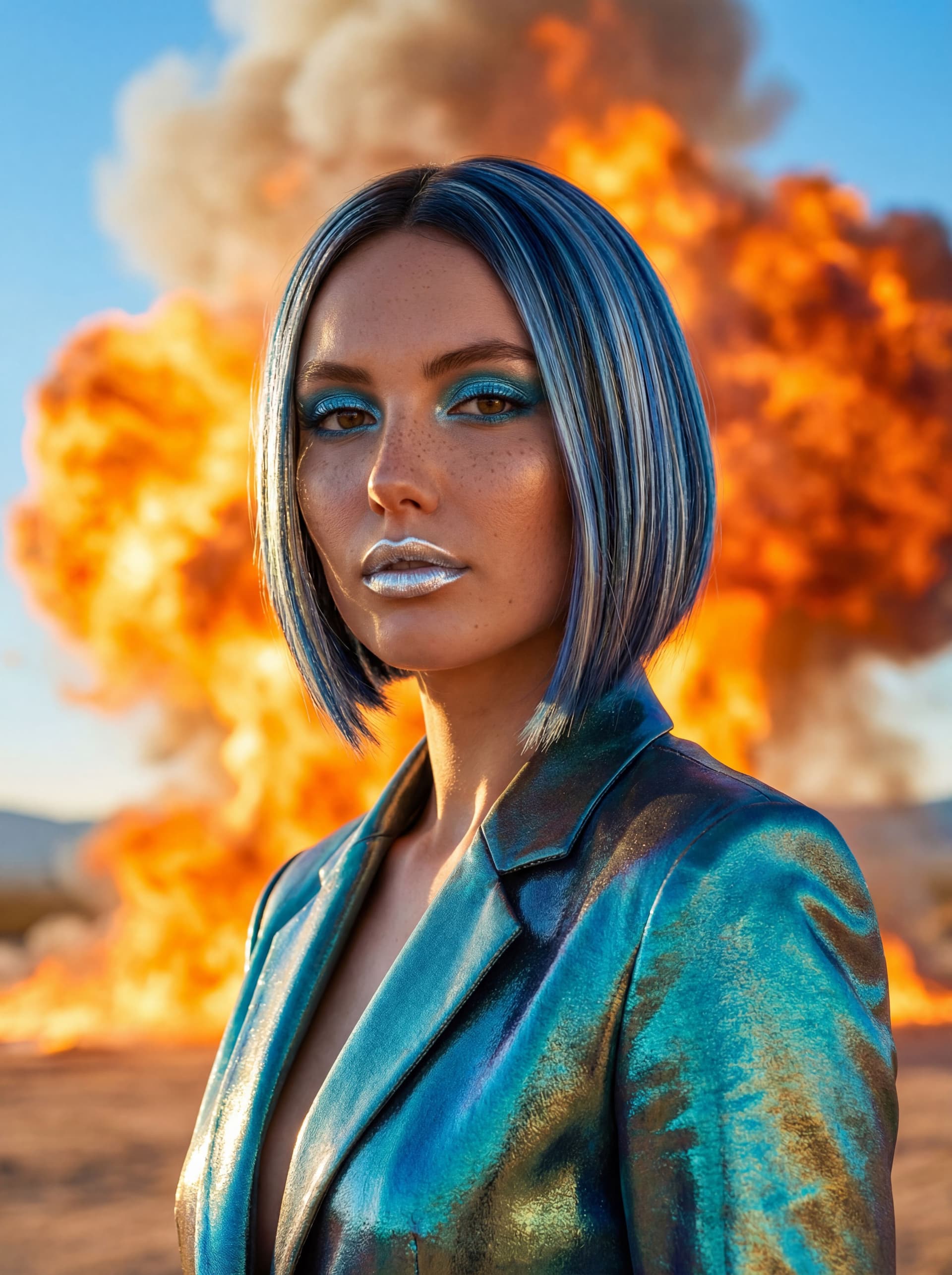 AI generated: Without altering her facial features, create a detailed portrait of a woman with a futuristic bob ha...