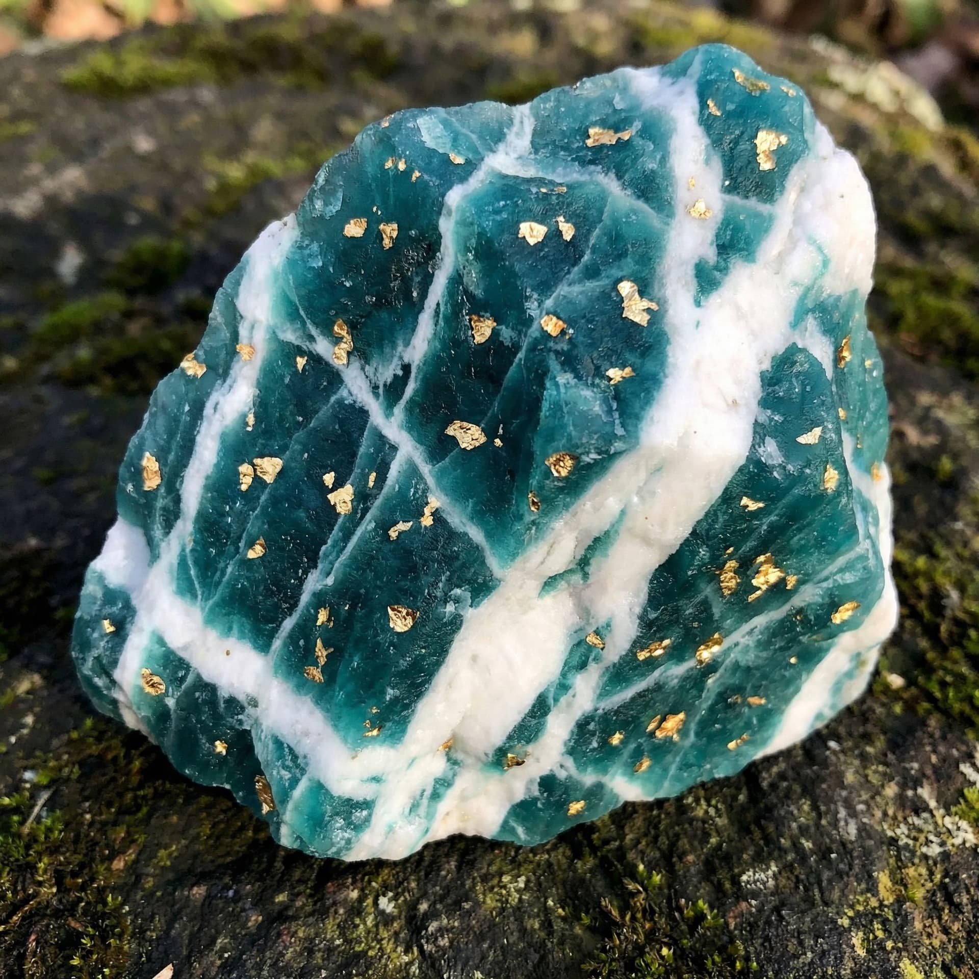 AI generated: A teal crystal with solid white veins like marble running through it and flakes of gold spread evenl...
