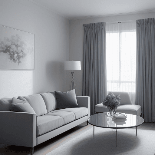 AI generated: Photograph apartment living room, soft light of dusk, all complemented by a unified color scheme of ...