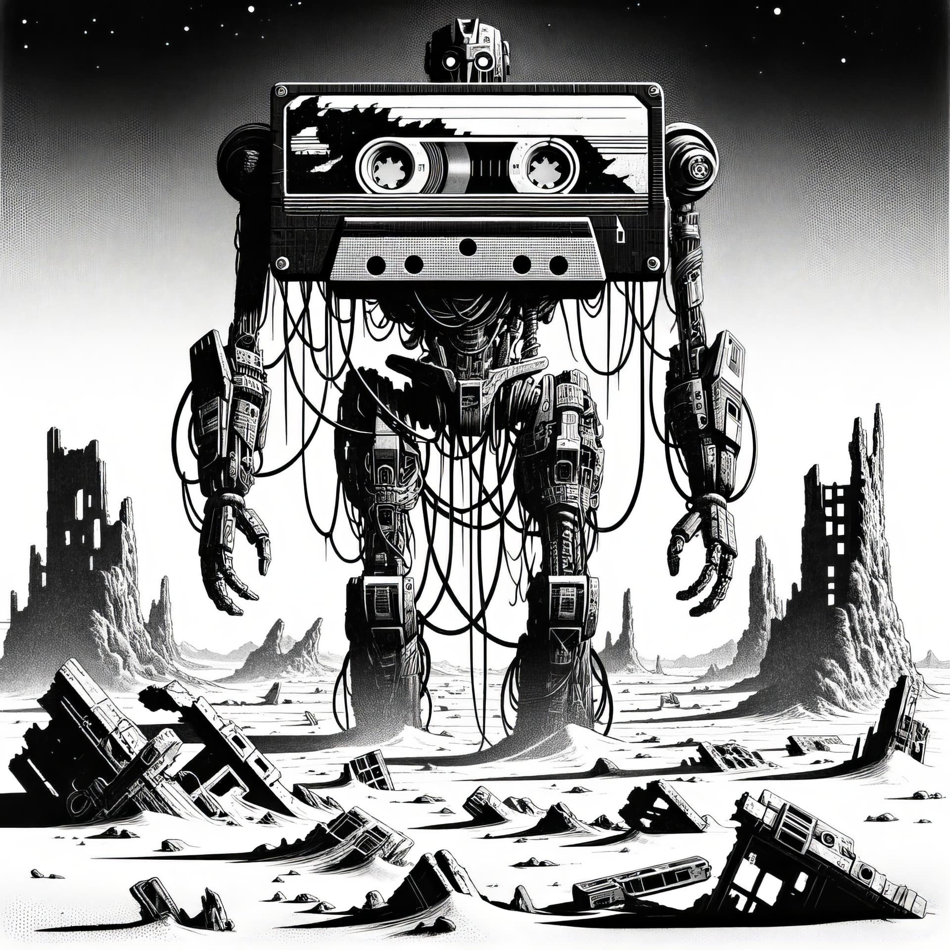 AI generated: A black and white illustration of an apocalyptic desert world, with the stark, arid landscape stretc...
