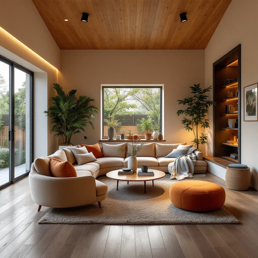 AI generated: High resolution photography interior design, dreamy sunken living room conversation pit, wooden floo...