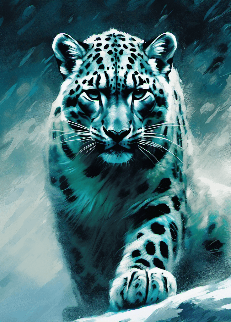 AI generated: a snow leopard, blue hue, calm, epic composition, digital painting, (expressionism:0.8), dramatic, d...