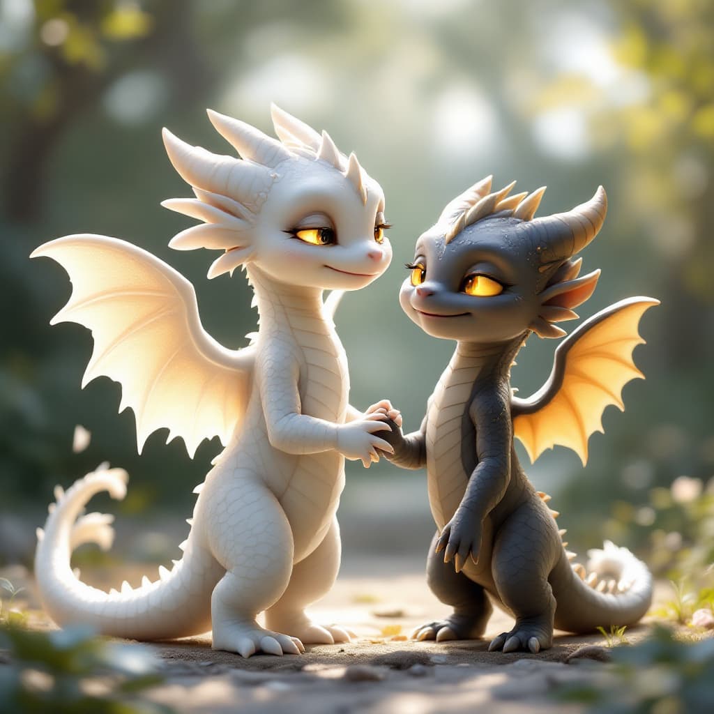 AI generated: A peaceful scene showing two young draconian beings, both with similar features to the adult version...