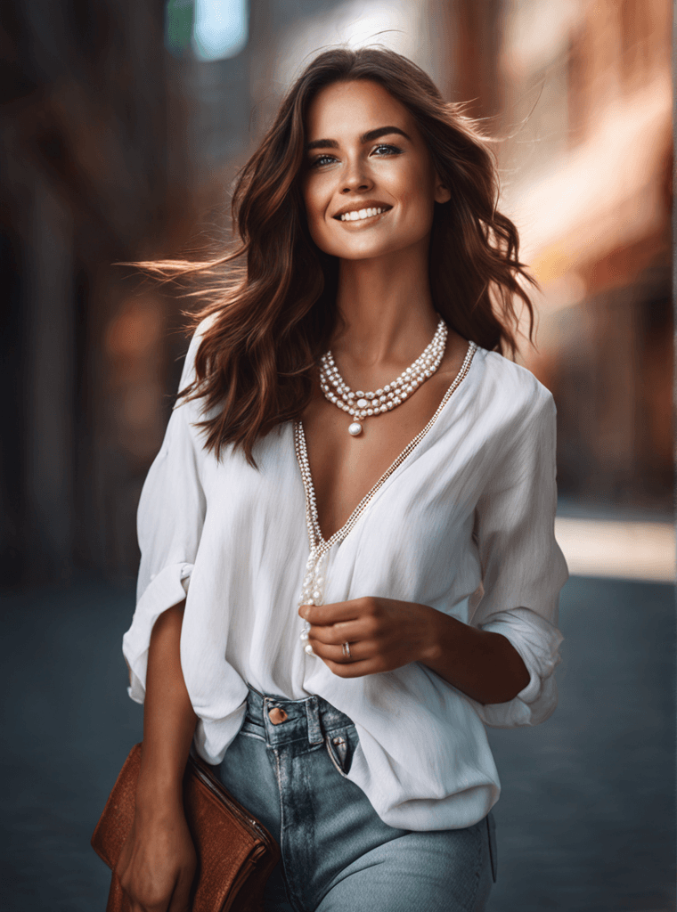 AI generated: Realistic 8K portrait: A young Smiling Freckles  brunette, green eyes, wind-blown long hair, pearl n...