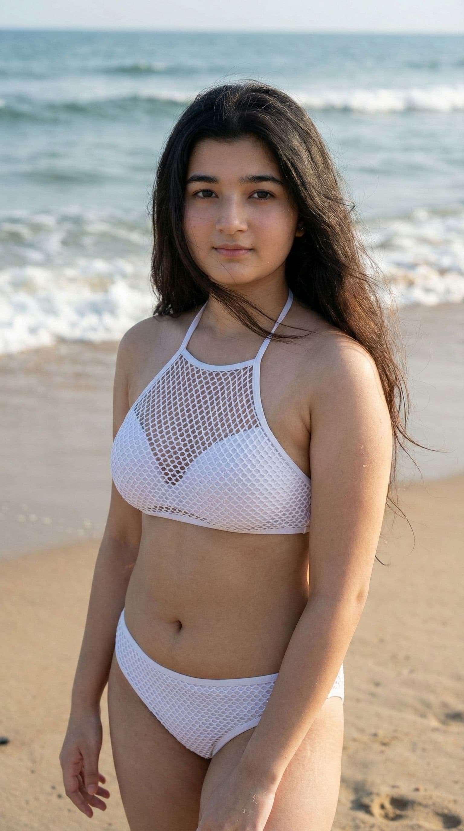 AI generated: Create a high quality 8k picture of the girl showen in the picture, standing on sand in sea side, 10...
