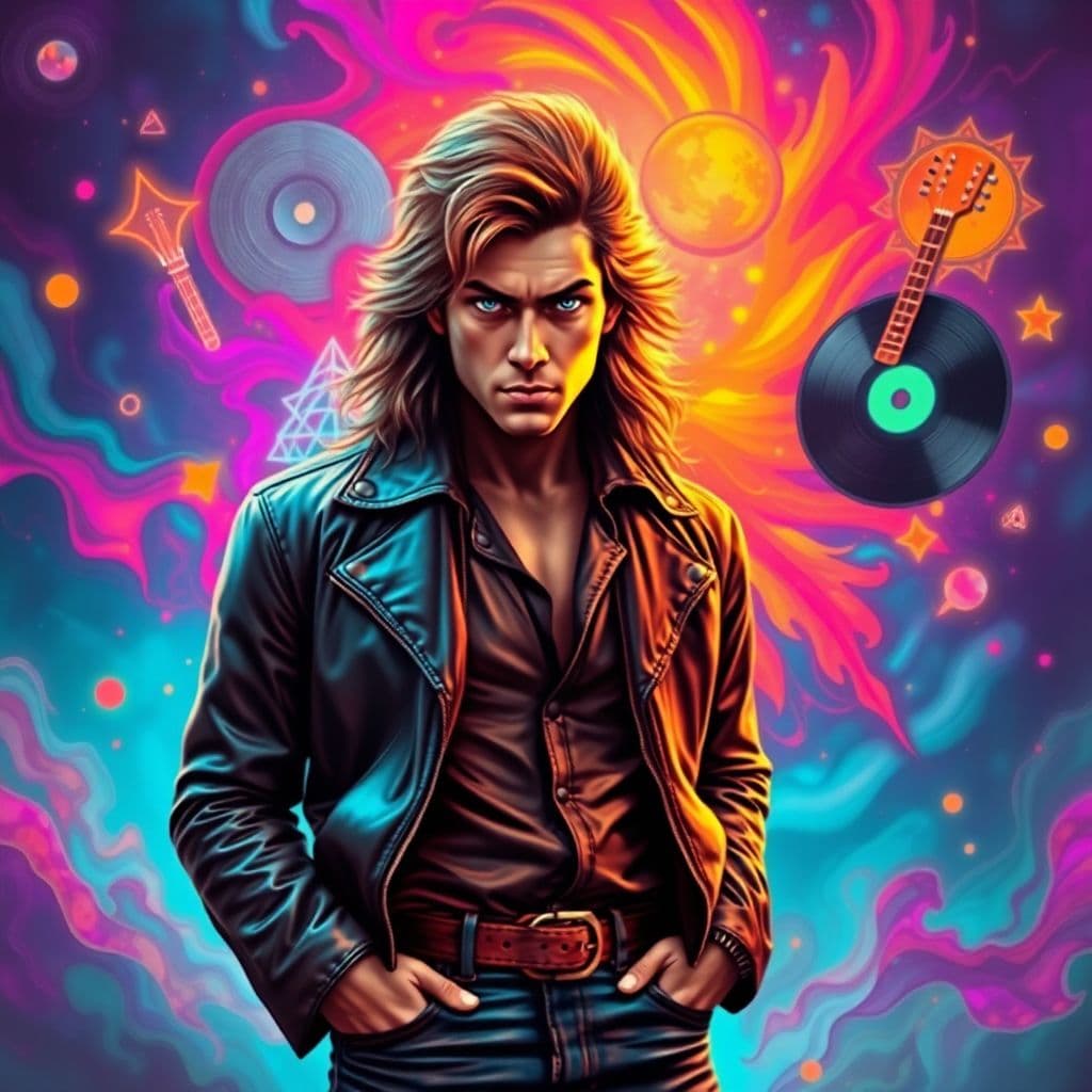 AI generated: An intense and vibrant concept art portrait of a young, handsome man with the spirit of 70s rock mus...