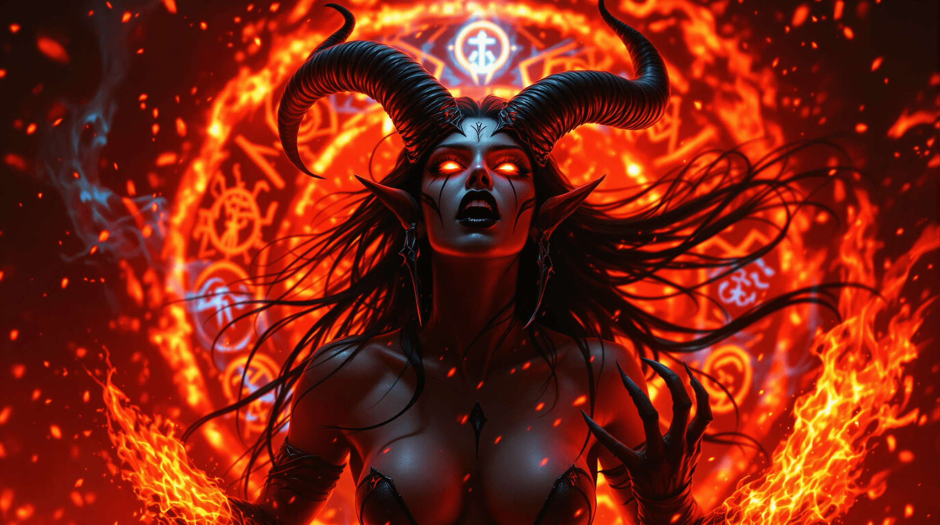 AI generated: A predatory female demon in mid-dance motion, captured in a dramatic portrait. Her glowing red eyes ...