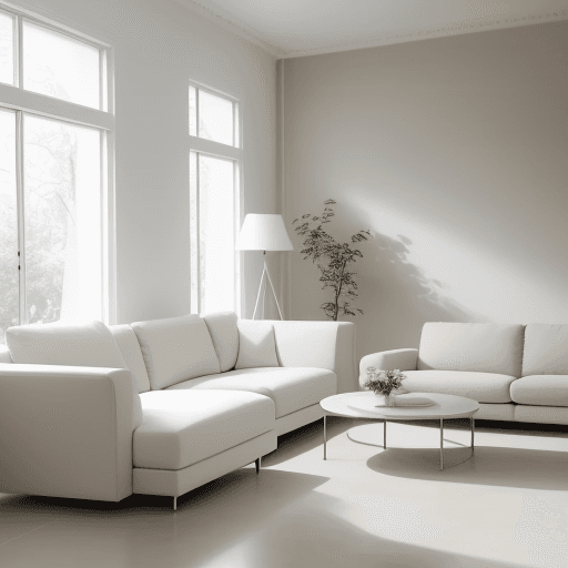AI generated: Photograph, contemporary living room, soft light of morning, integration of beige flooring and matte...