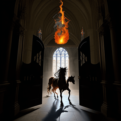 AI generated: Inside a cathedral. Horses of demons outside. Demon's breaking through the entrance door. Rick Moran...