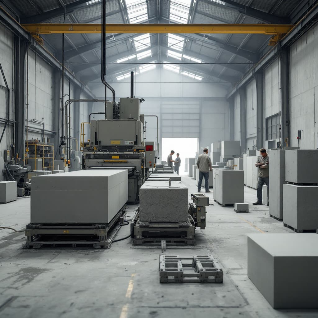AI generated: Close-up view of a production hall interior with machines manufacturing precast concrete elements fr...