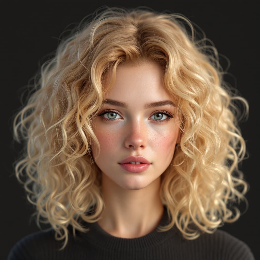 AI generated: a model with curly blond hair, in the style of daz3d, close-up, hazy, wavy, brown, tondo, ferrania p...