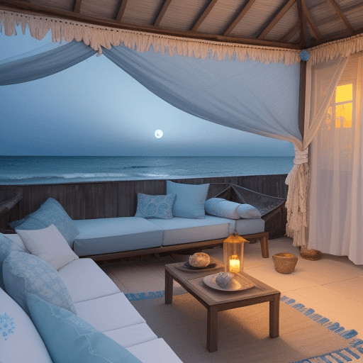 AI generated: A serene coastal location with a gentle breeze and the soothing sound of waves. The boho terrace ext...