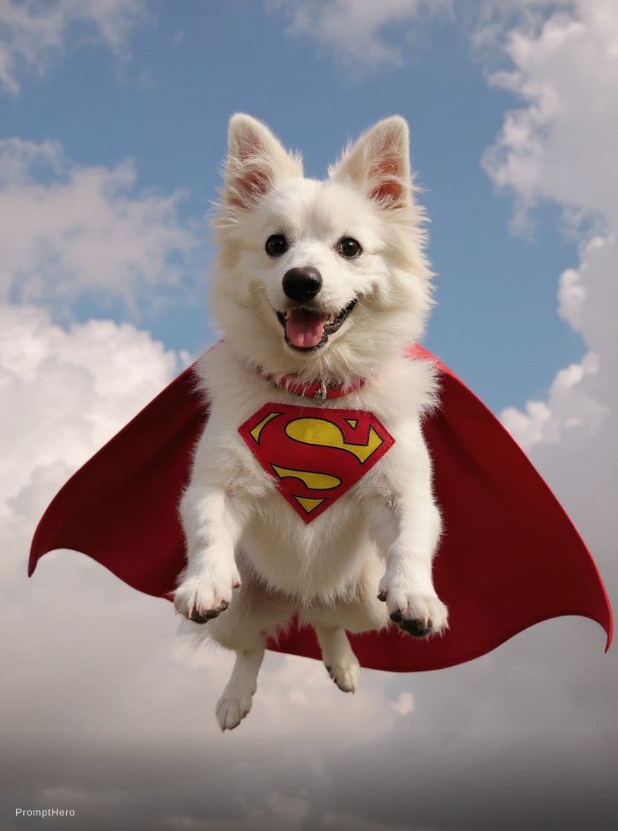 AI generated: white dog like the reference, flying happy like a superhero 