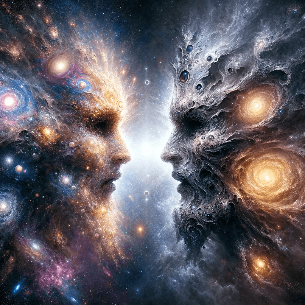 AI generated: In the vast emptiness of the interstellar void, two omnipotent deities from separate dimensions coll...