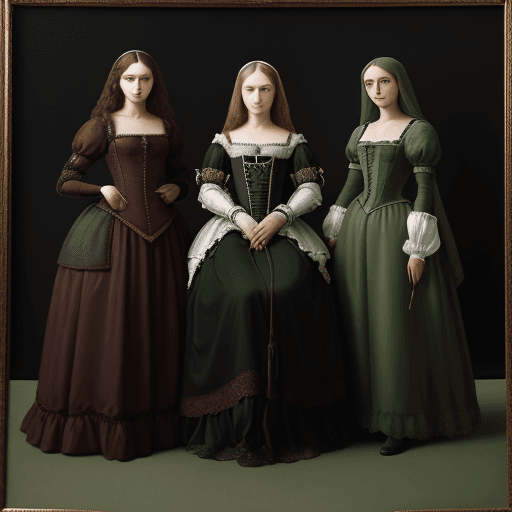 AI generated: create image of three women in renaissance costume stand 
in a dark background, one brazilian woman,...