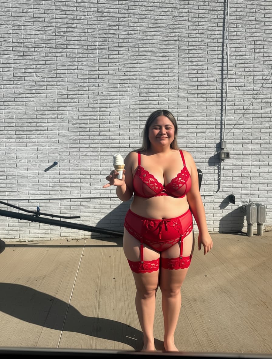AI generated: Can you give her a tiny red victoria secret lingerie set and make her chest bigger