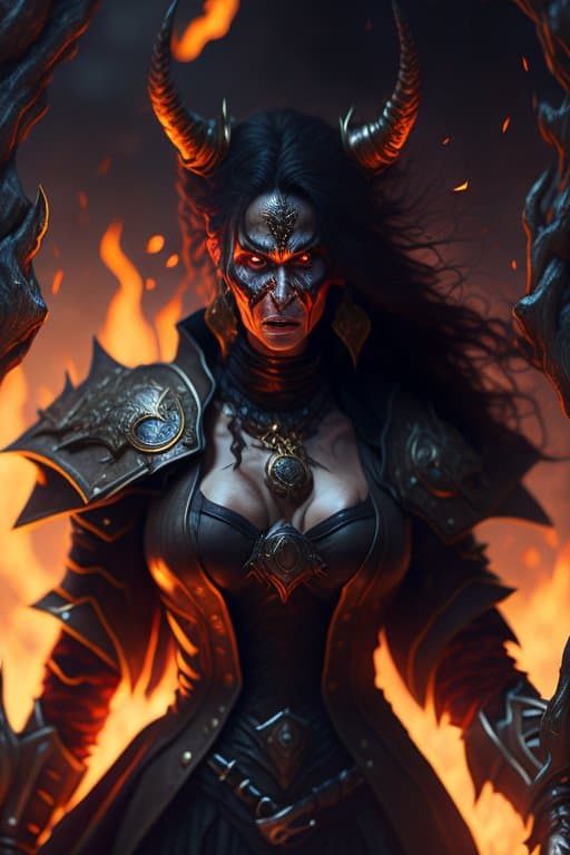 AI generated: (extremely detailed 8k wallpaper)+, a medium shot photo of a demonic sorceress conjuring fire in a b...