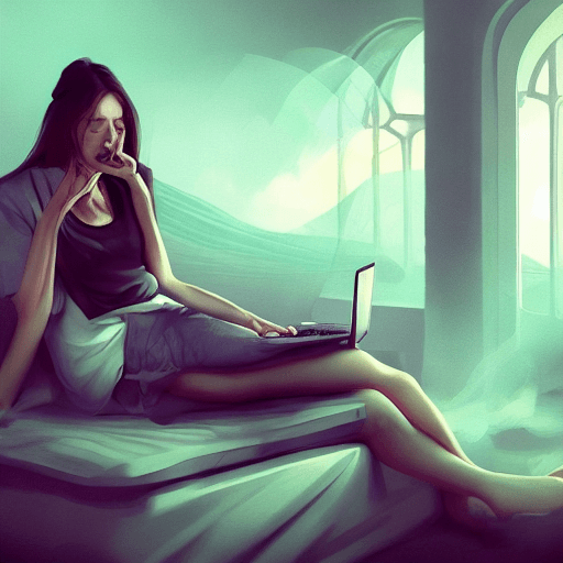 AI generated: woman sitting on a bed with a laptop, smoking woman, ,smoking weed, dramatic smoking pose, dreamlike...