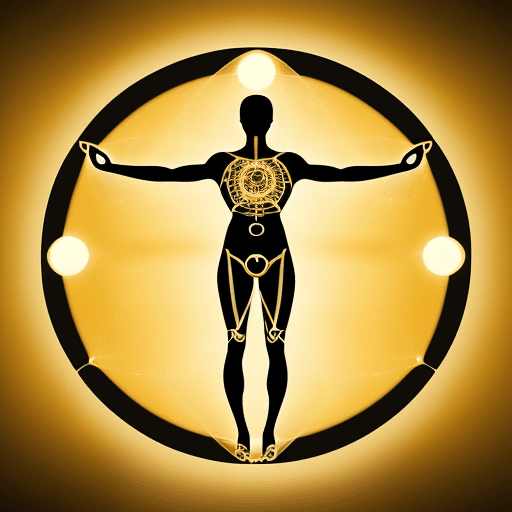 AI generated: Realistic round shield shape logo((( a beautyful vitruvian man in radiotherapy treatment 
minimalist...