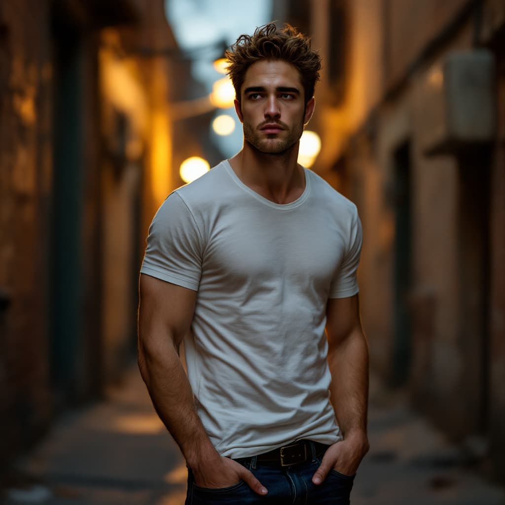 AI generated: A 28-year-old lean, athletic man with a face subtly resembling Robert Pattinson, wearing a fitted wh...