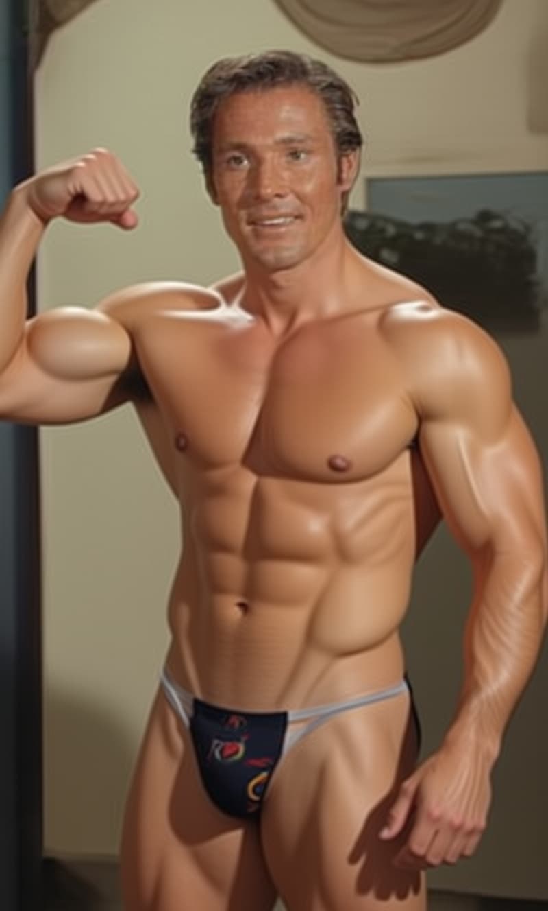 AI generated: Male 20-year-old bodybuilder  wearing a thong, Flexing his right biceps 