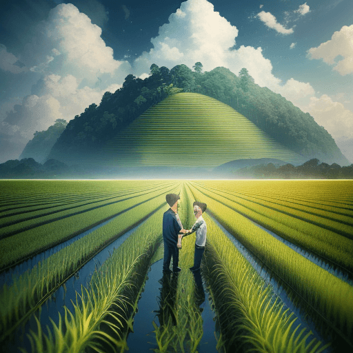 AI generated: two boys, bl, two men, big clouds, twenty age, blue sky, rice field, neat rice seedlings in the fiel...