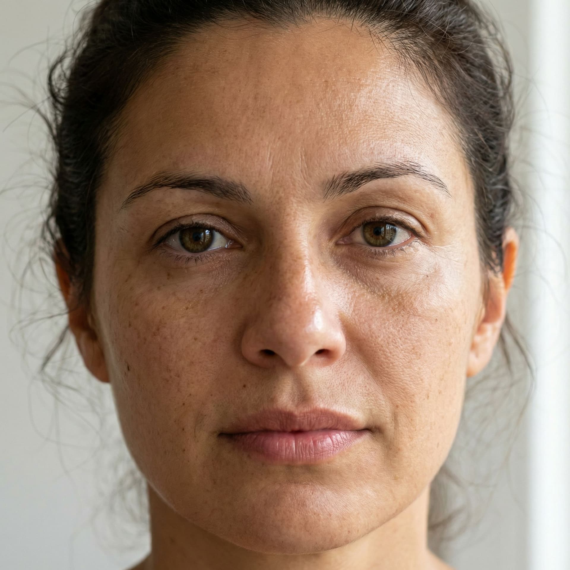 AI generated: Create an extreme close-up, ultra-photorealistic portrait of a real adult woman with Southern Europe...