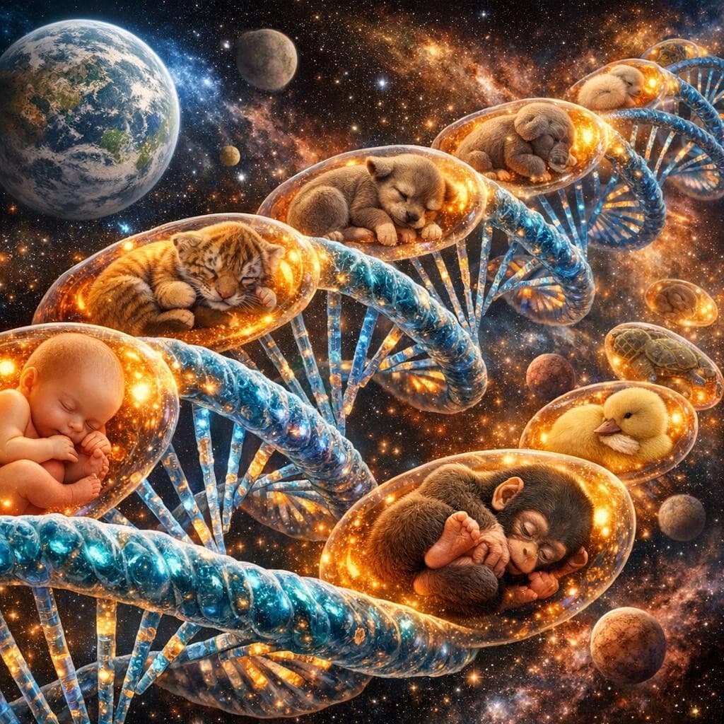 AI generated: mitochondria in the DNA pulsing through it in the form of young babies of all species of life on Ear...
