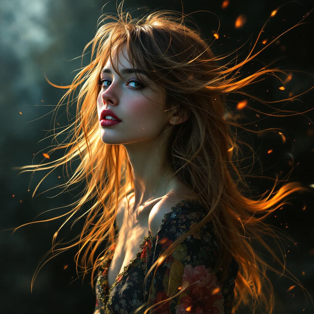 AI generated: a woman with long flowing hair, in the style of photorealistic paintings, multi-layered --chaos 75 -...