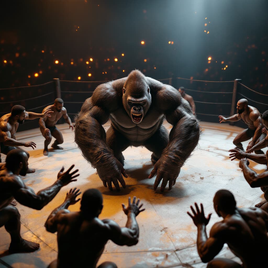 AI generated: Cinematic professional 3D animation of a gorilla in a octagon ring surrounded by 10 physically fit  ...