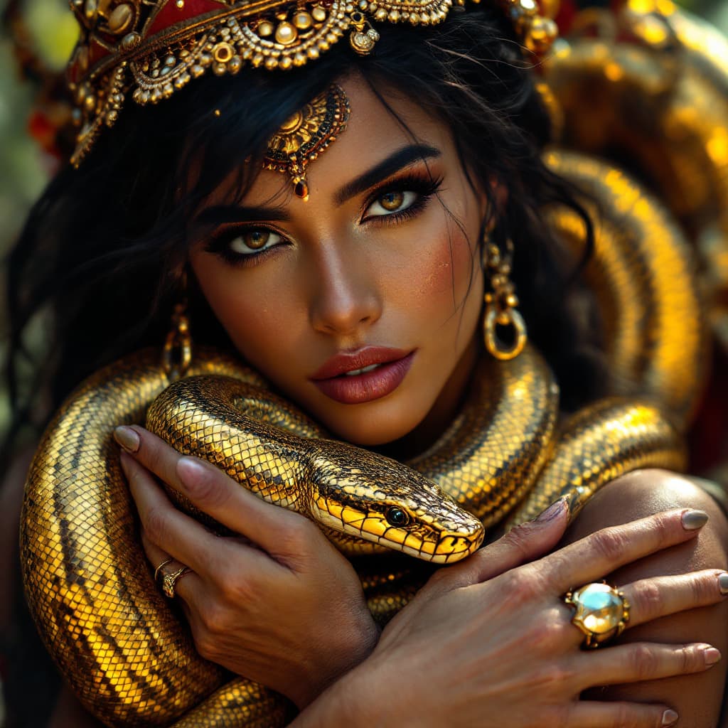 AI generated: A BEAUTIFUL, VOLUPTUOUS MAYAN WOMAN HOLDING A SHINY, METALLIC, GOLD-COLORED VIPER THAT IS COILING AR...