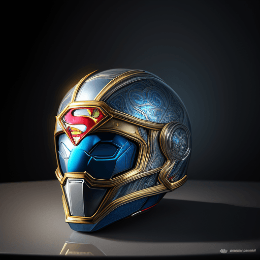 AI generated: helmet on the table with the design and character of superman The helmet is gold and  blue dark, no ...