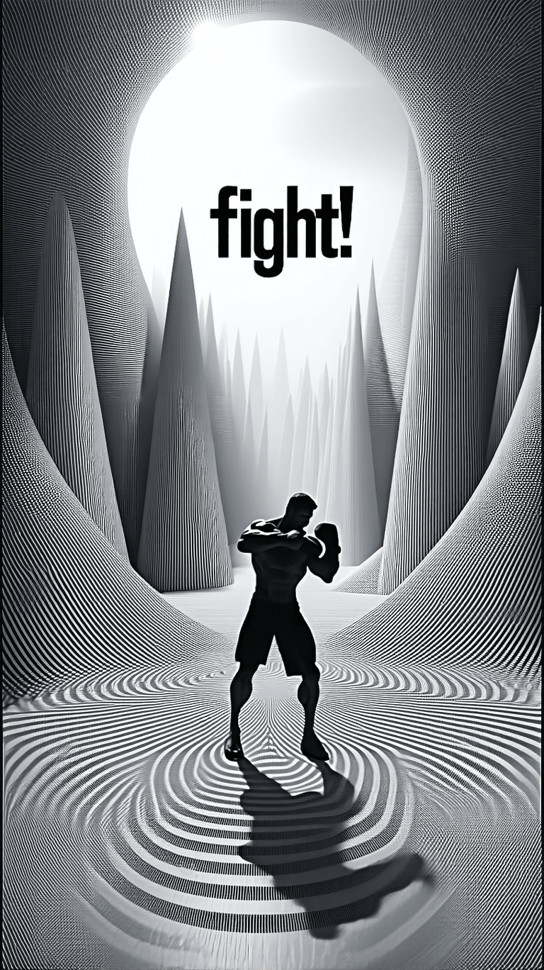 AI generated: In a stunning display of optical illusion, Albert Durcher, the tessellating fighter, stands poised a...