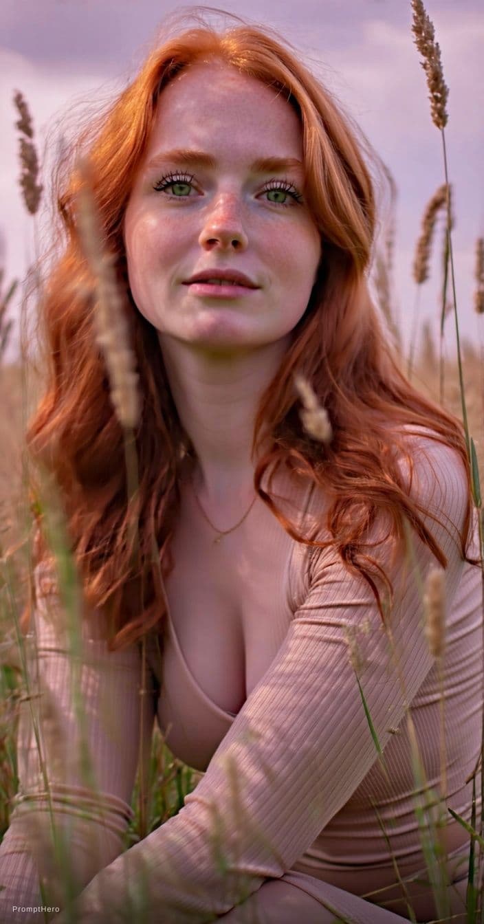 AI generated: A photorealistic portrait of a woman with vibrant, fiery red, wavy hair, seated in a field of tall g...