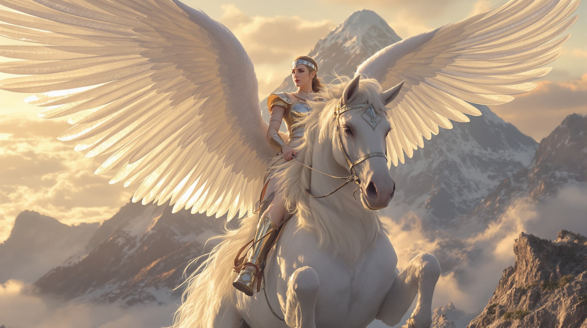 AI generated: Hyperrealistic digital art. Medium shot. Joan of Arc riding a magnificent white-winged Pegasus on Mo...