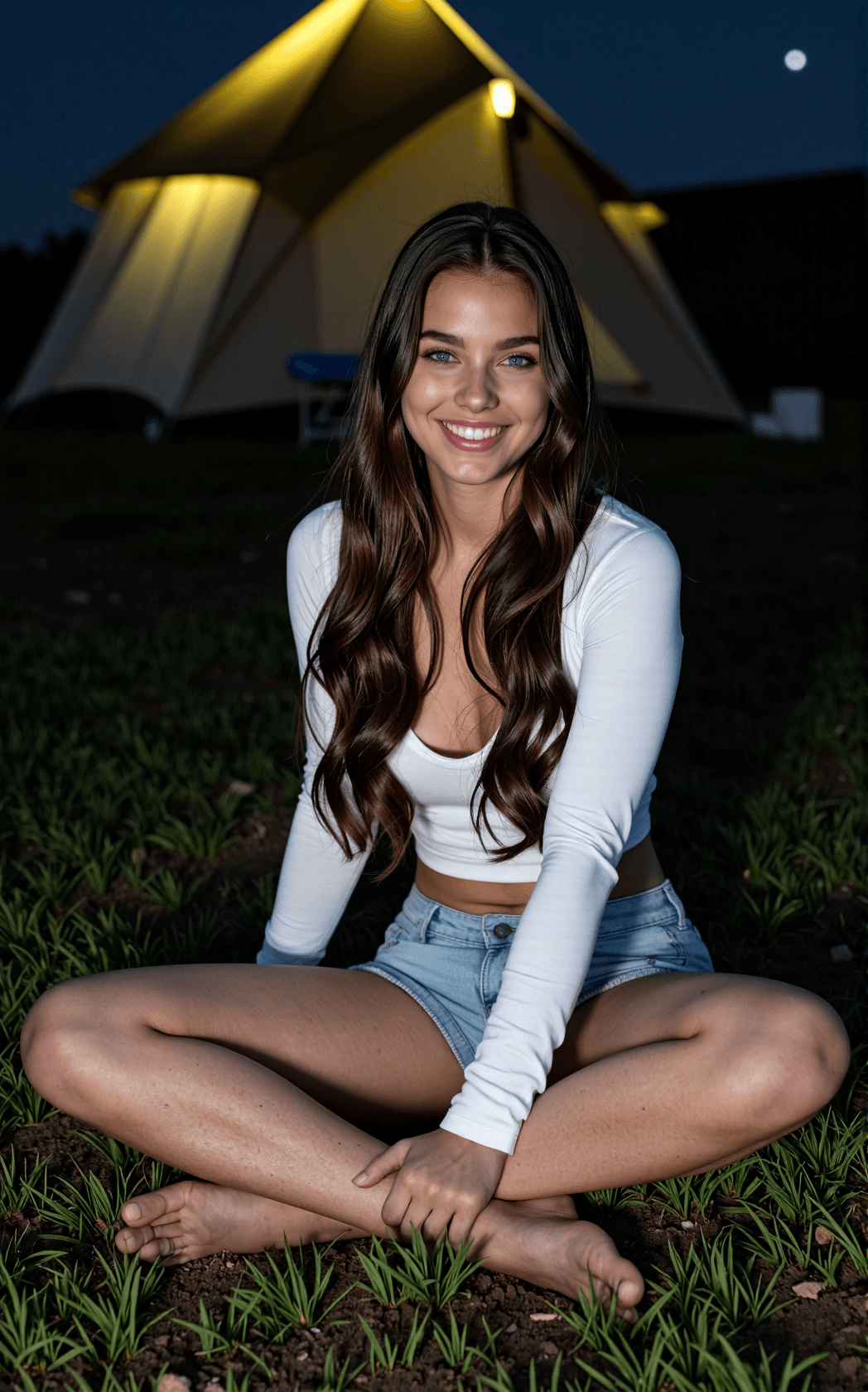 AI generated: An iPhone 13 style photo of a radiant young woman seated barefoot on cool grass at night, smiling wi...