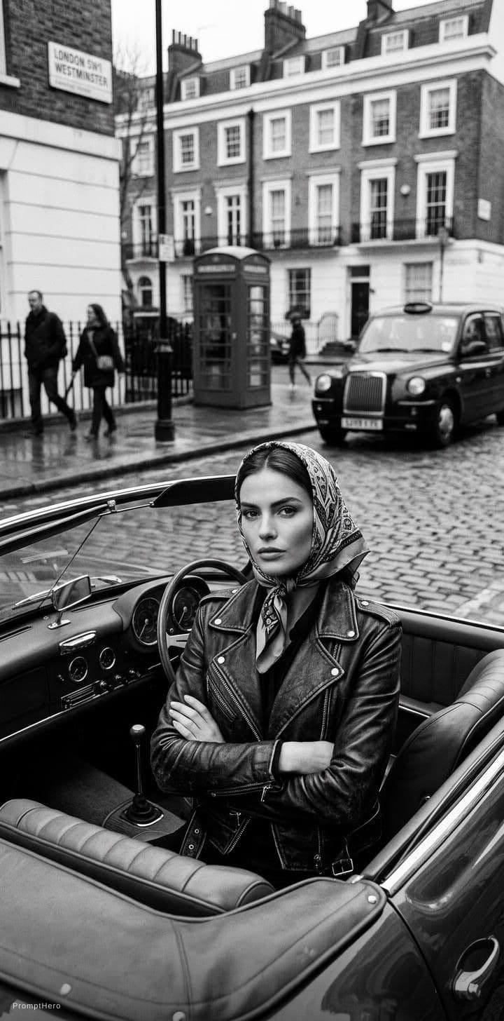 AI generated: Black and white street photography of an attractive woman in leather jacket with headscarf sitting i...