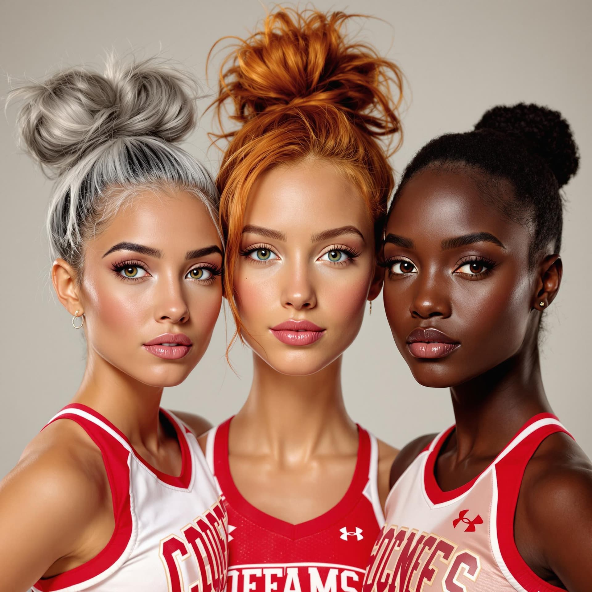 AI generated: A picture of 3 18 year old cheerleaders, the oufit features the colors red and white. One cheerleade...