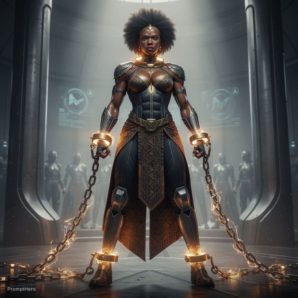 AI generated: Cinematic style. NSFW. Full body image of African superheroine. Very tall. Incredibly muscular. Beau...