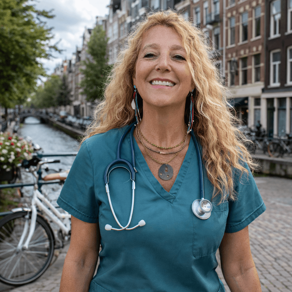 AI generated: Stunning handsome female nurse walks on the street of Amsterdam