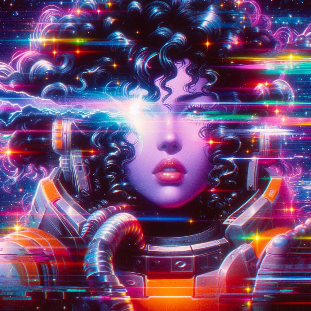 AI generated: 80's sci fi anime, Female warrior with curly long hair cruising the galaxy. Very aesthetic, akira st...