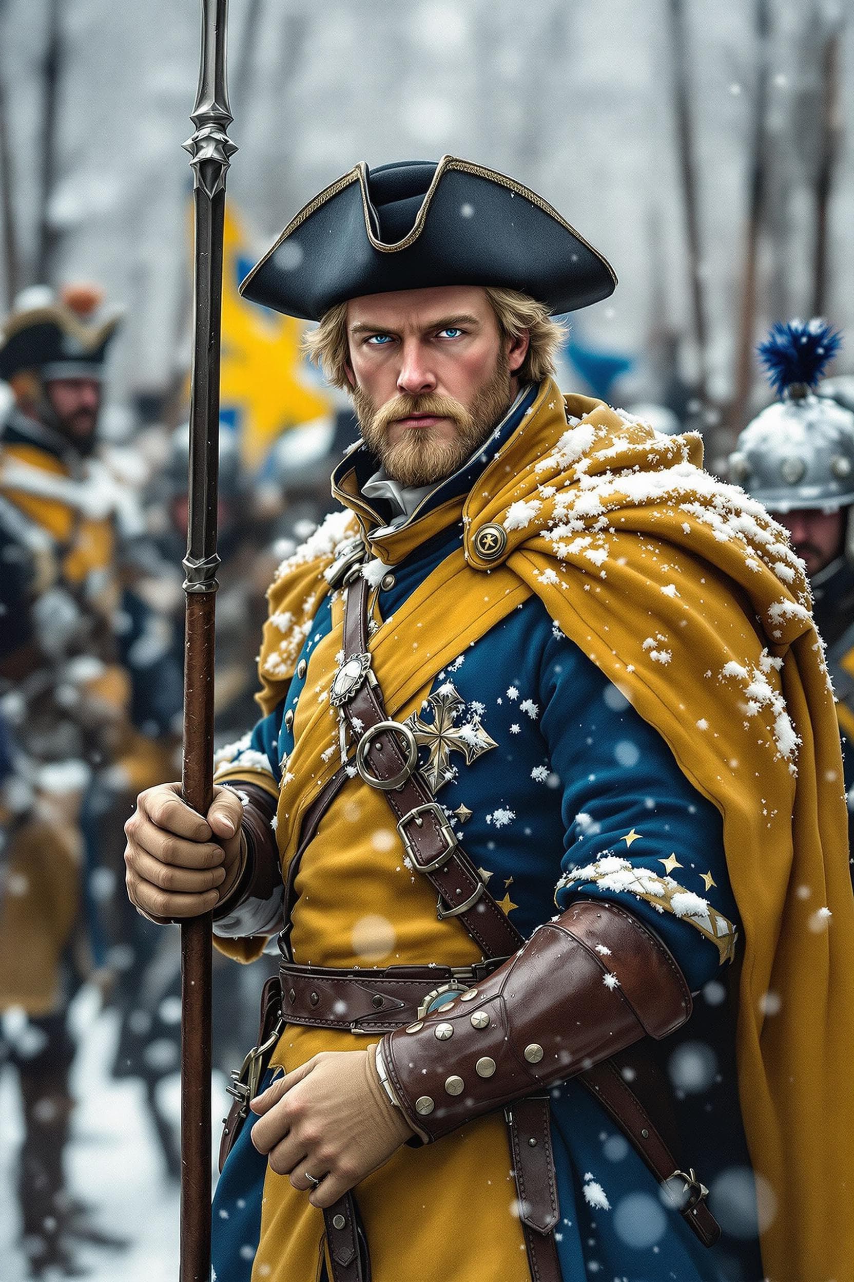 AI generated: King Karl XII of sweden at battle of narwa in 1700 ,winter snow ,swedish blue and yellow battle unif...