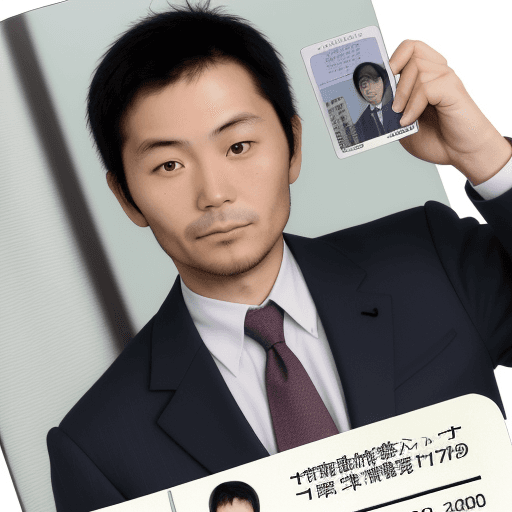 AI generated: A passport photo of a 40-year-old Japanese man wearing a suit, holding up and showing his driver's l...