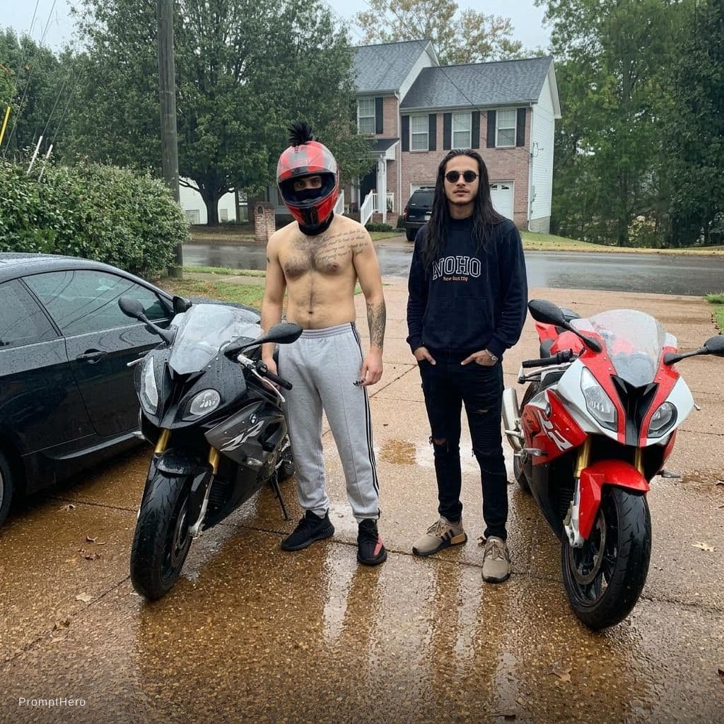 AI generated: Merge me and my friend in the uploaded place standing beside our  BMW S1000RR 2017 bikes, exactly as...