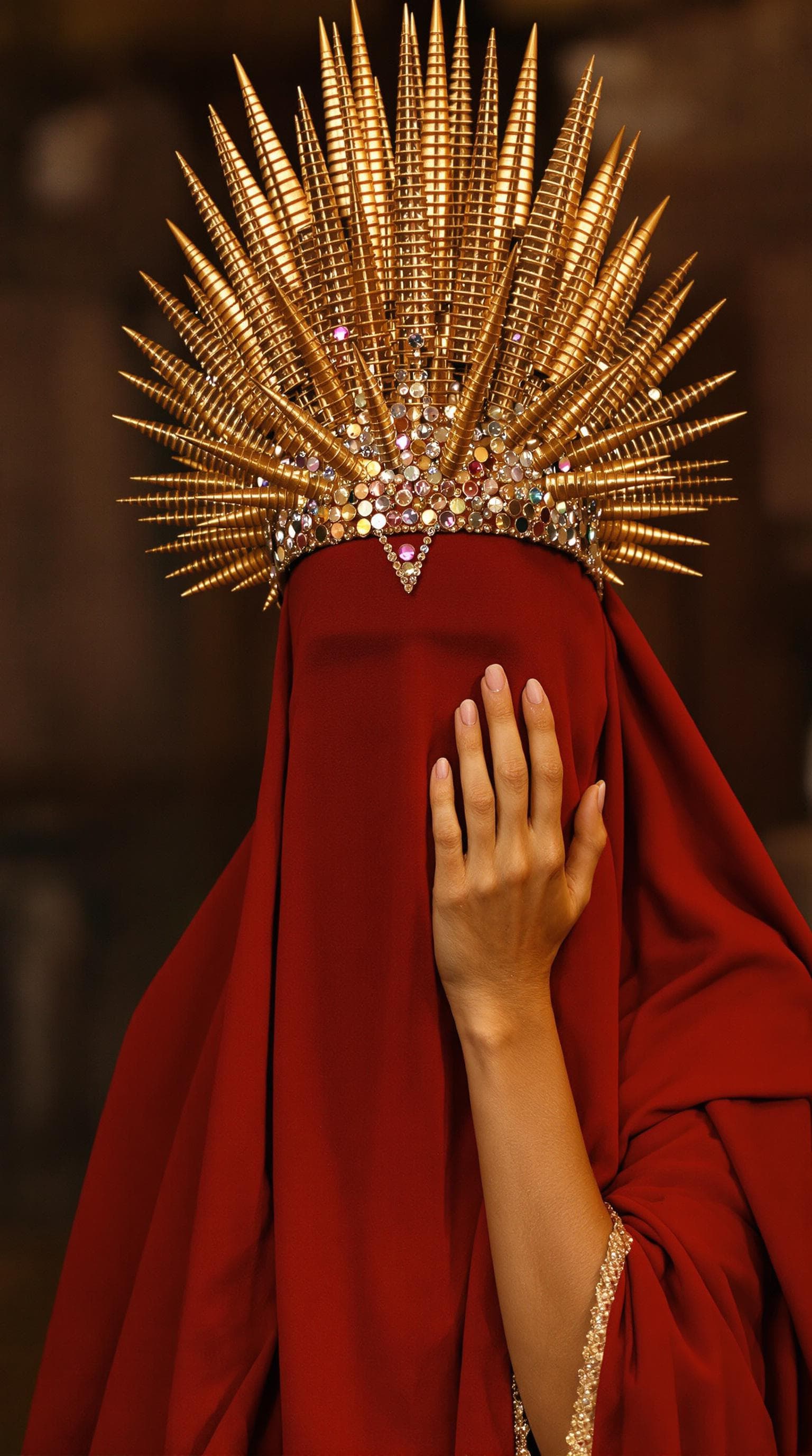 AI generated: lady in red veils her face and has a large golden spiked crown, in the style of celestial fasion, ot...
