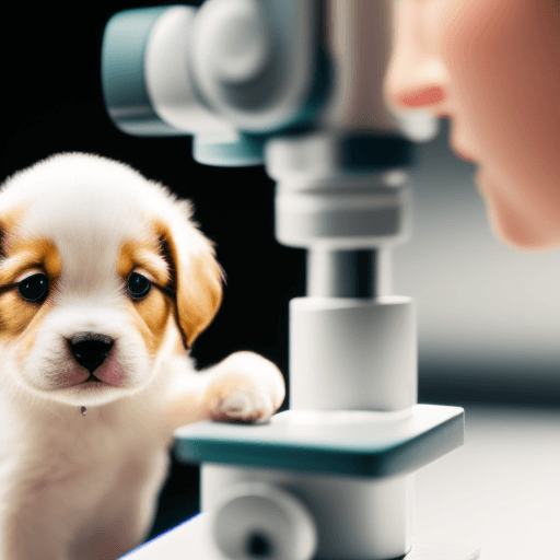 AI generated: Tiny puppy being observed under a microscope, side view