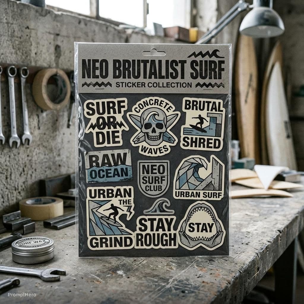 AI generated: Neo brutalist surf-themed sticker pack for in a neo-brutalis